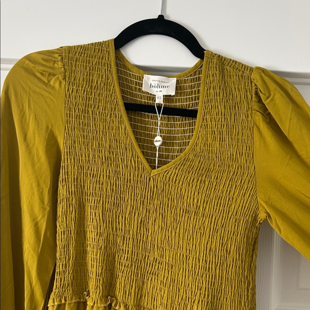 NWT Bohme Chartreuse Smocked Tiered V-Neck Dress